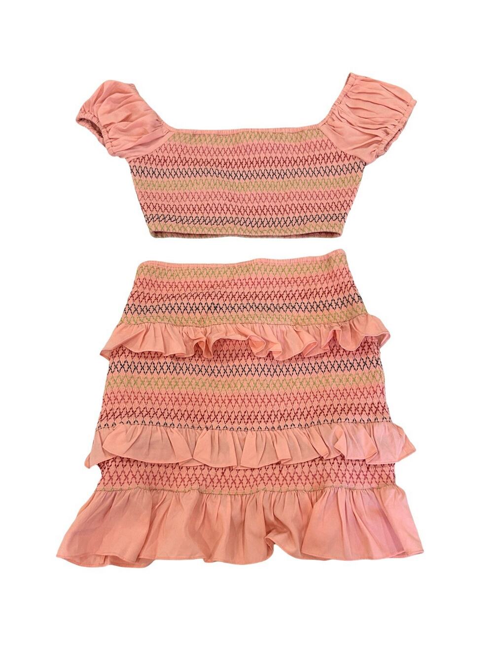Lovers + Friends Kora Smocked 2 Piece Set Size M Crop Top & Mini Skirt in Pink